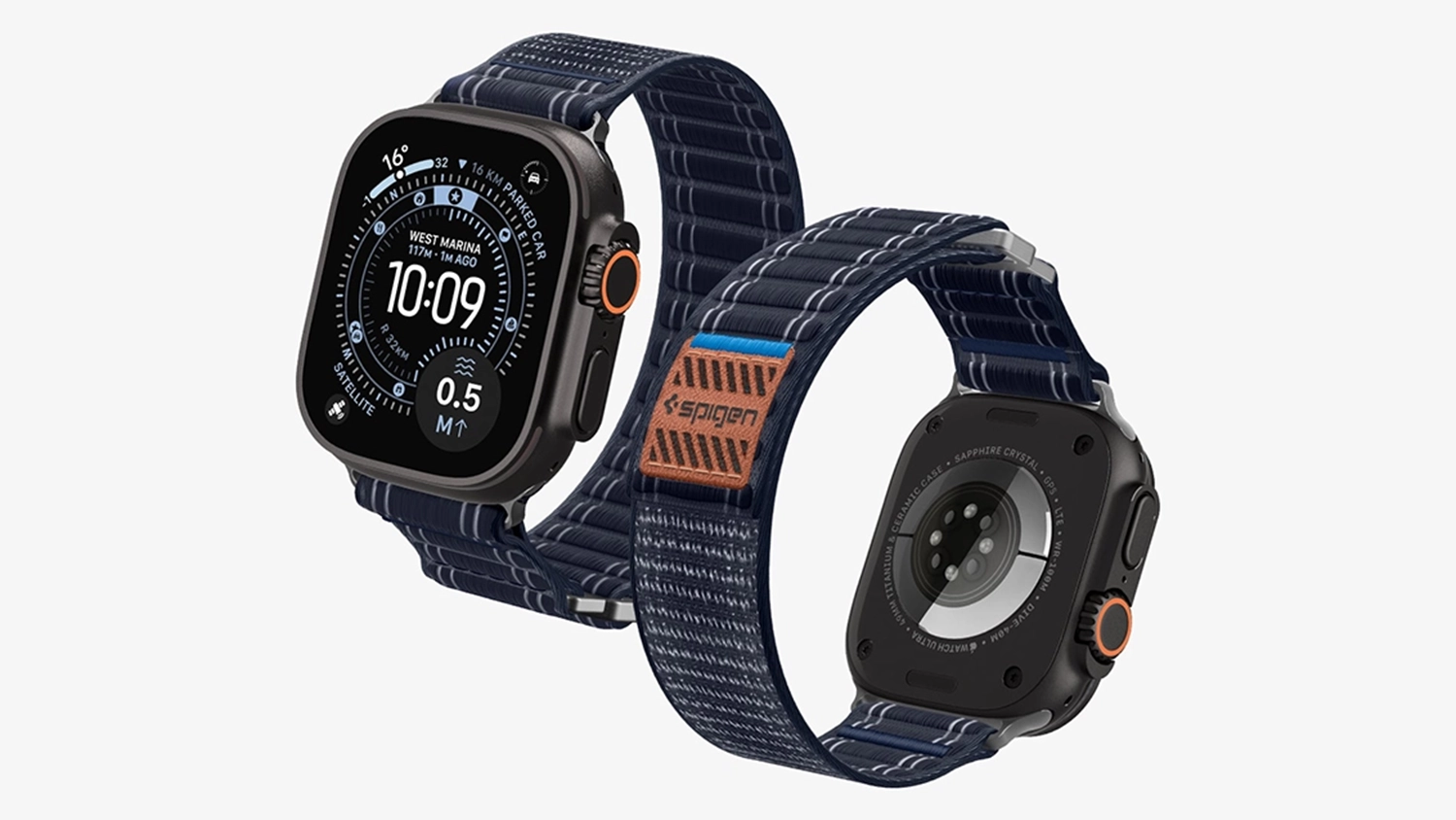Řemínek na hodinky Spigen Fabric Band Navy Apple Watch ze dvou pohledů