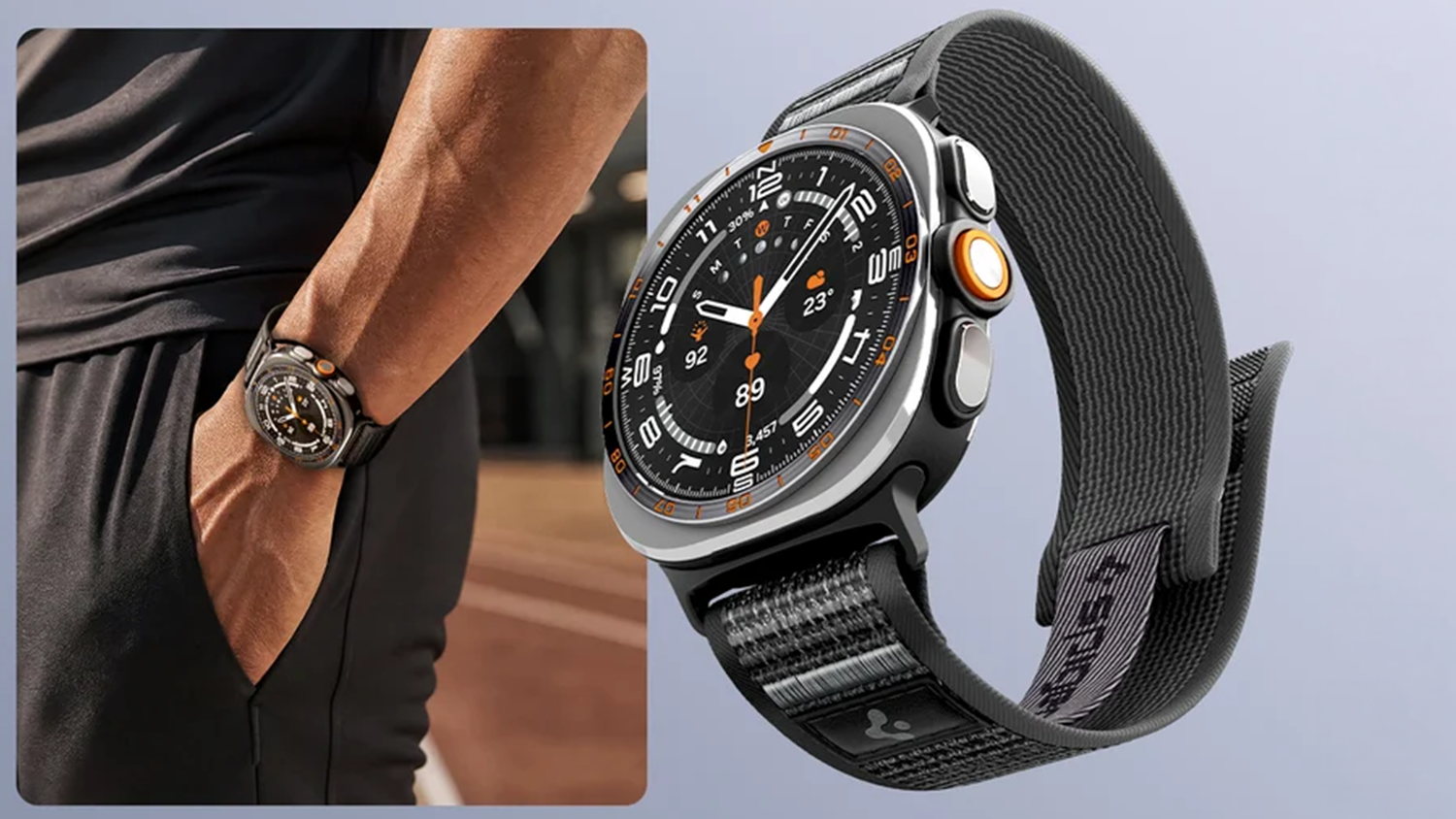 Elegantn&eacute; oblečen&yacute; muž s řem&iacute;nkem Spigen Athlex Air na hodink&aacute;ch Samsung Galaxy Watch