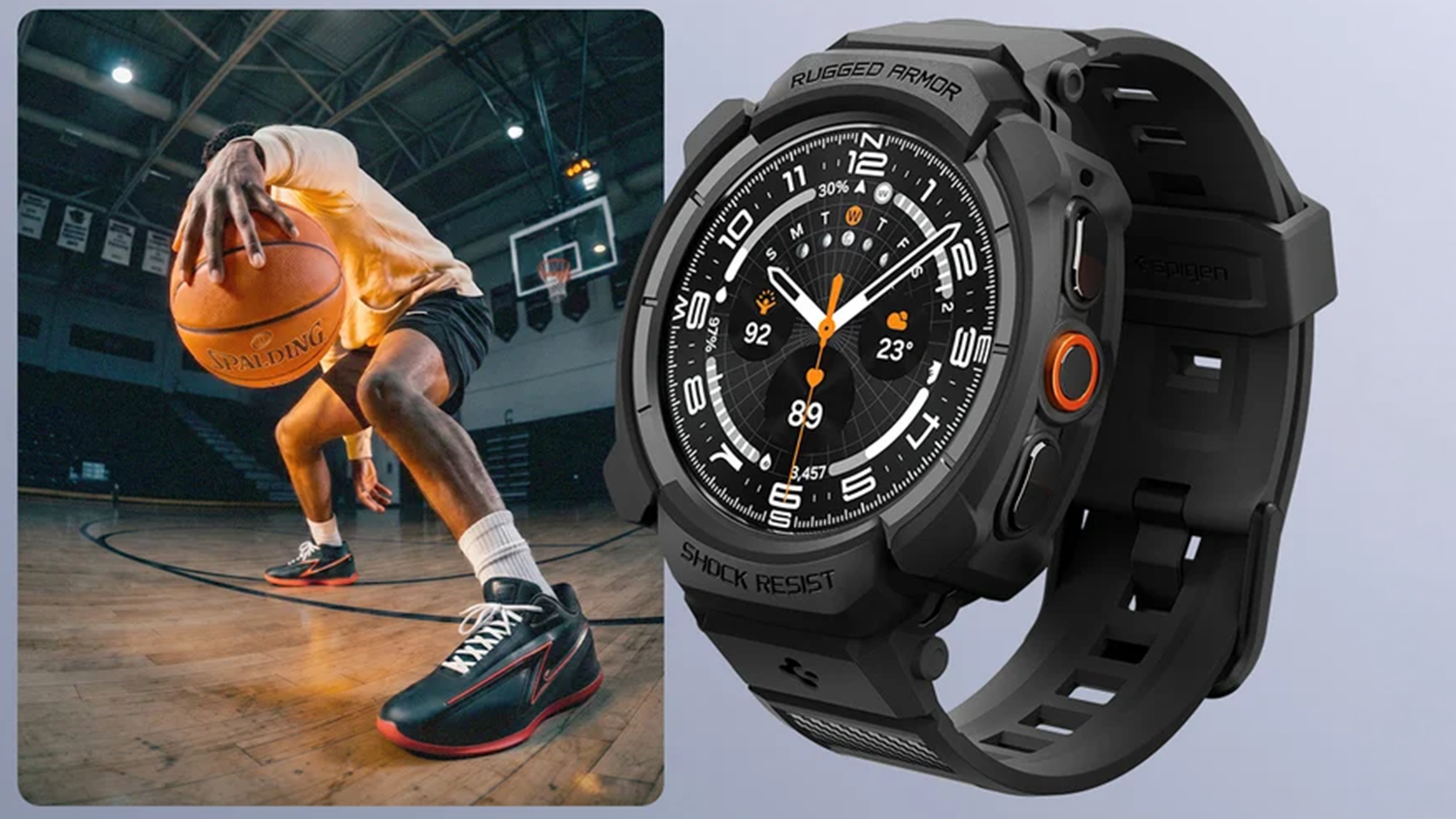 Muž hraje basketball s hodinkami s řem&iacute;nkem Spigen Rugged Armor