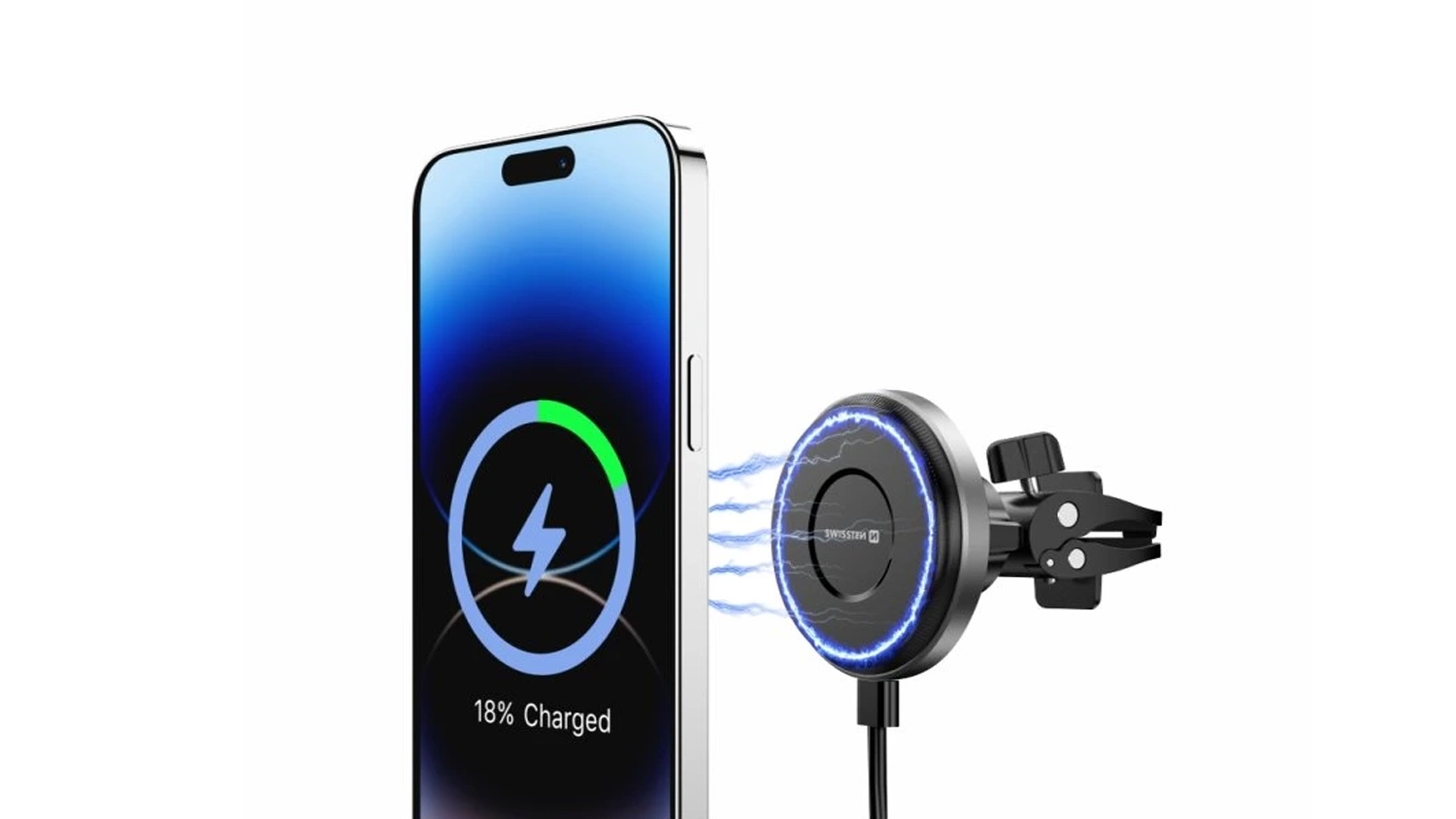 Nabíječka do auta SWISSTEN AIRHOLD nabíjí telefon – boční pohled