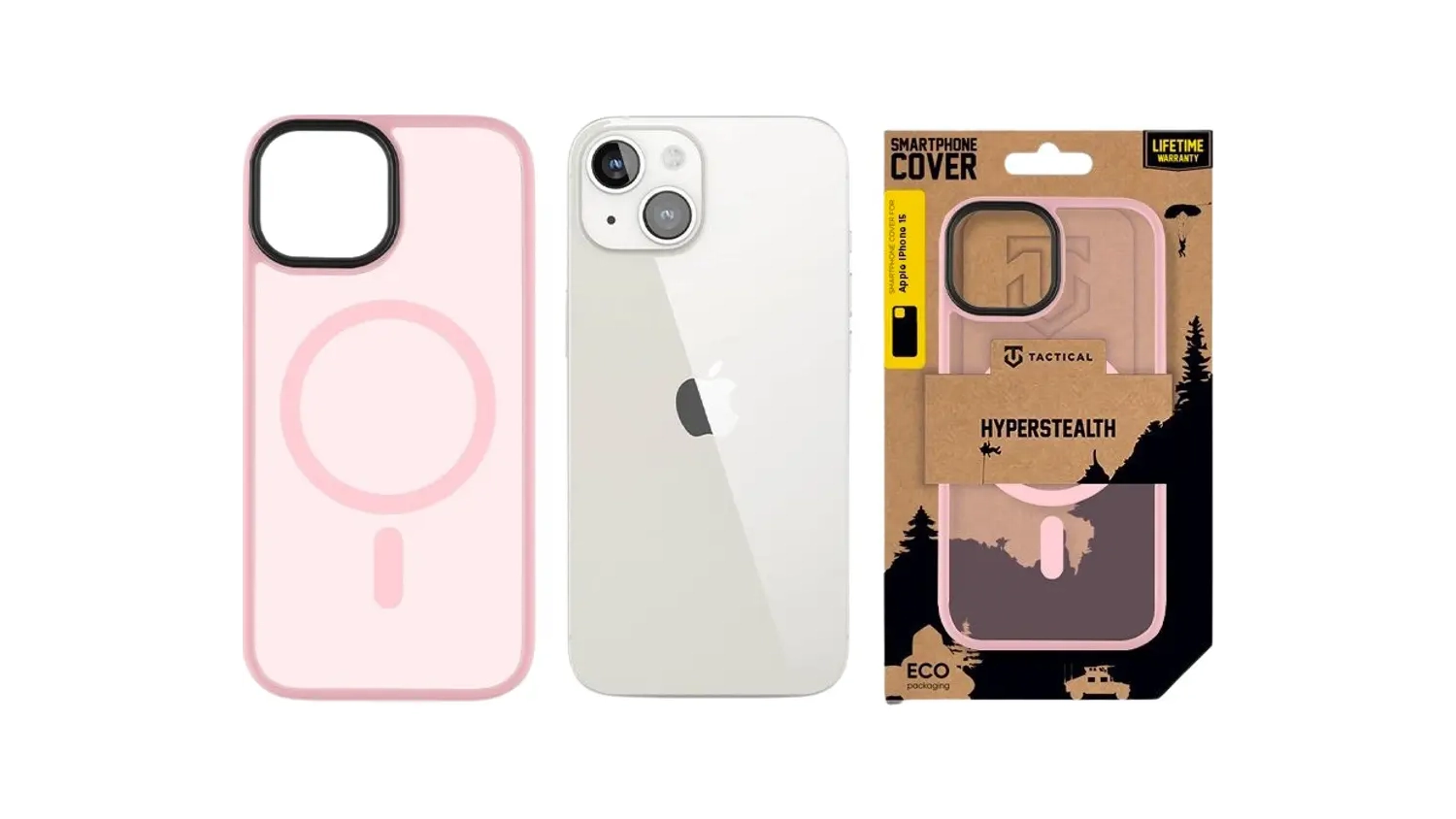 Kryt na mobil Tactical MagForce Hyperstealth Pink Panther vedle iPhonu 15 a balení pro tento kryt