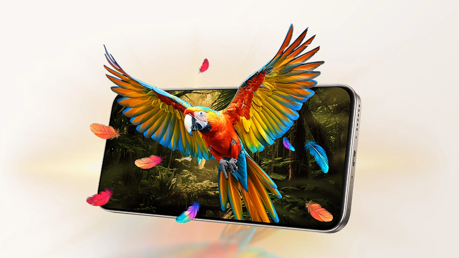 Displej telefonu TCL P80, ze kterého vylétá barevný papoušek