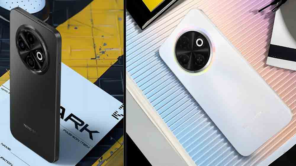 Mobilní telefon Tecno Spark 30C 128/4 GB v černé a bílé barvě na dvou fotografiích vedle sebe_02