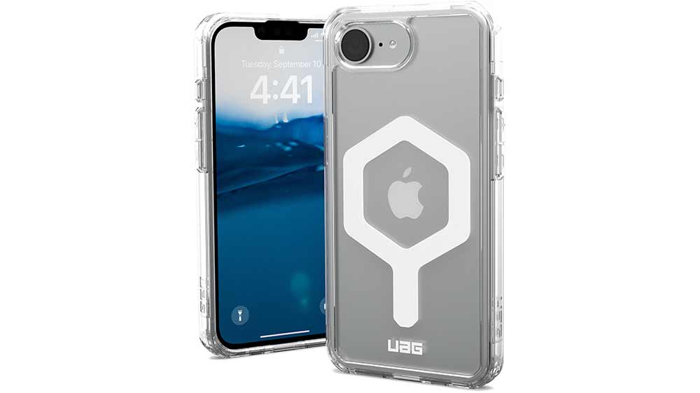 Zadní kryt UAG Plyo Magsafe iPhone 16e Ice/White nasazený na mobilním telefonu s pohledem zepředu a zezadu_02