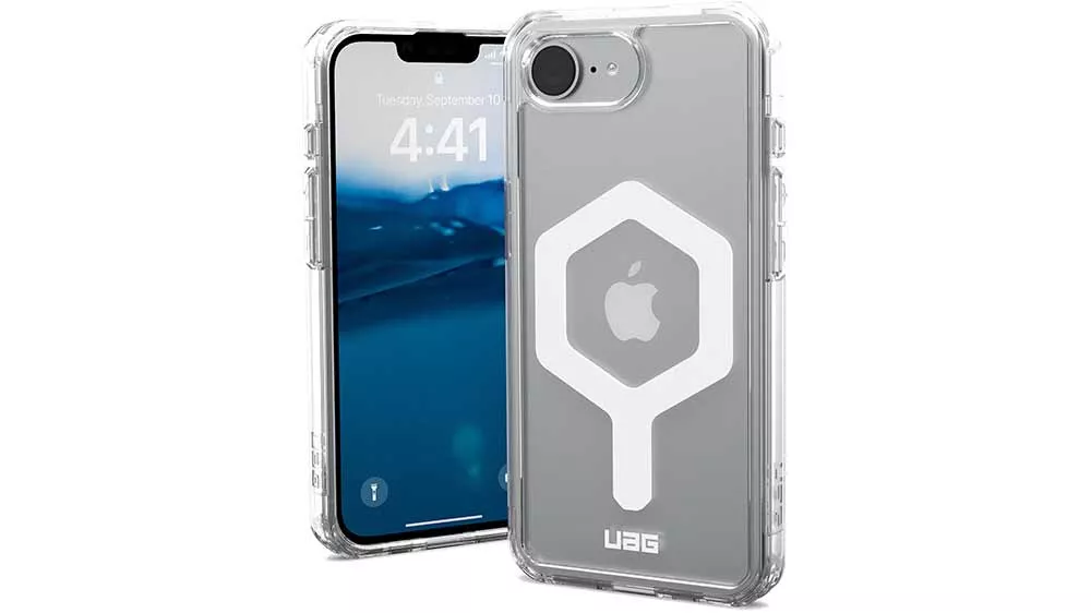 Zadní kryt UAG Plyo Magsafe iPhone 16e Ice/White nasazený na mobilním telefonu s pohledem zepředu a zezadu_02
