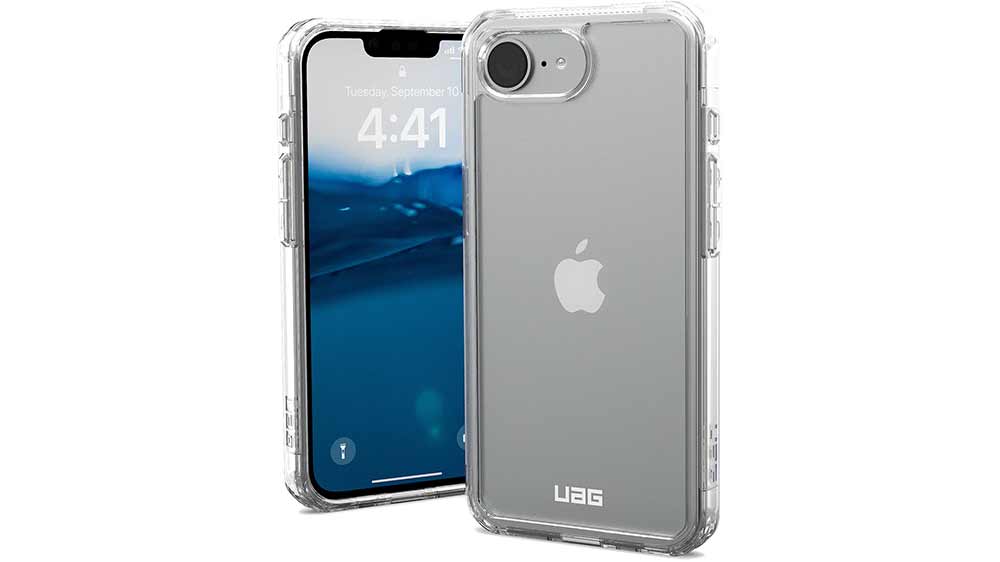 Zadní kryt UAG Plyo iPhone 16e Ice nasazený na mobilním telefonu s pohledem zepředu a zezadu_02