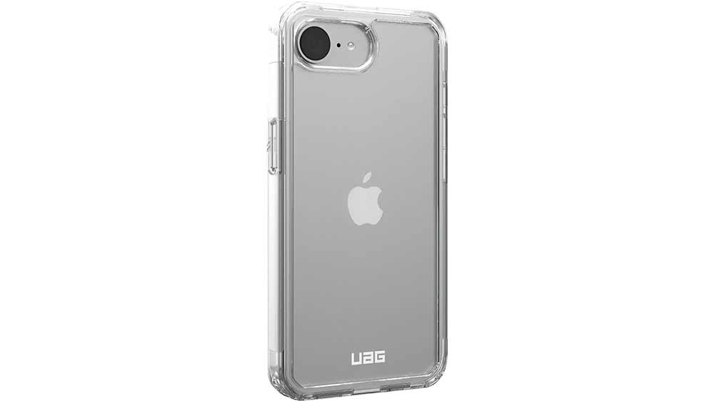 Záda mobilního telefonu iPhone 16e v krytu UAG Plyo iPhone 16e Ice a pod ním pouze kryt_03