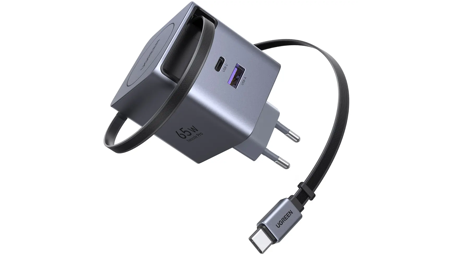 Nabíječka UGREEN 65W GaN USB-C/USB-A se zatahovacím kabelem – přední pohled