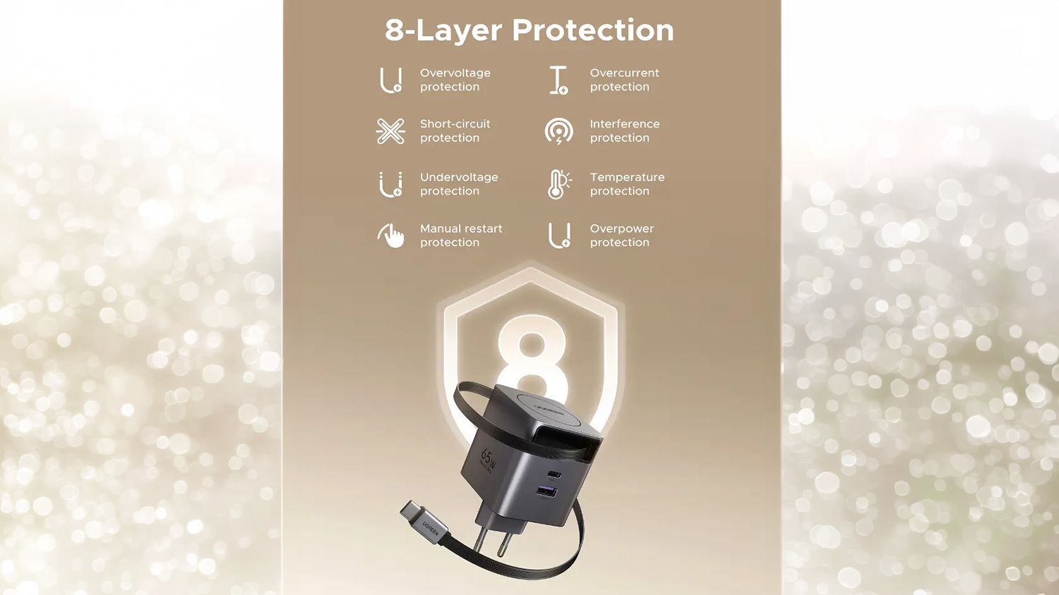 Osmistupňová ochrana nabíječky UGREEN 65W GaN USB-C/USB-A se zatahovacím kabelem