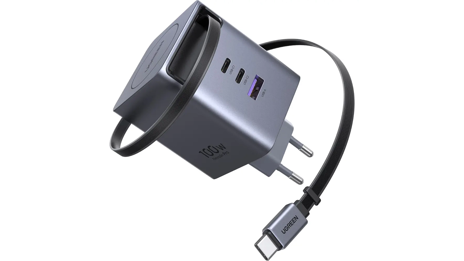 Nab&iacute;ječka Ugreen 100W GaN 2&times; USB-C/USB-A se zatahovac&iacute;m kabelem