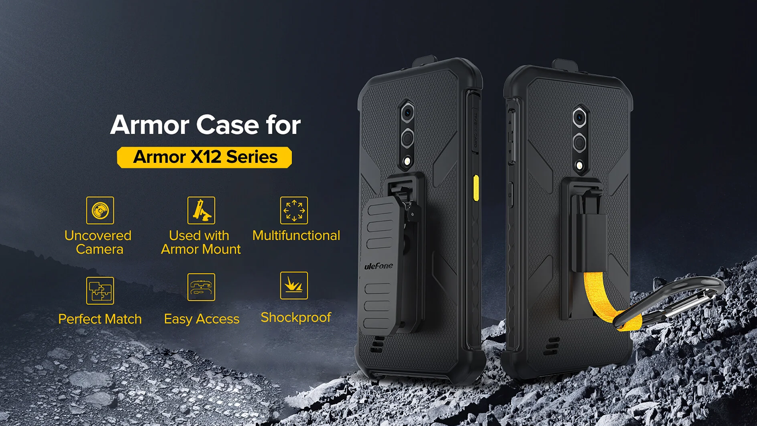 Popis funkci&iacute; a pohľad na zadn&uacute; stranu dvoch vedľa seba in&scaron;talovan&yacute;ch mobiln&yacute;ch telef&oacute;nov Ulefone Armor X12 PRO 8/64GB ALL BLACK