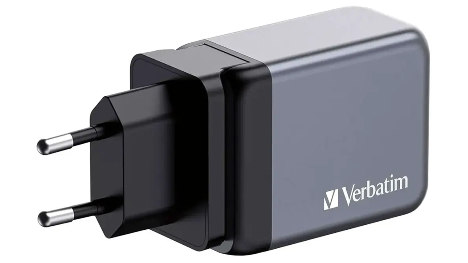 Cestovní adaptér Verbatim GaN 2xUSB-C 65W/USB-A 3.0 šedý boční pohled