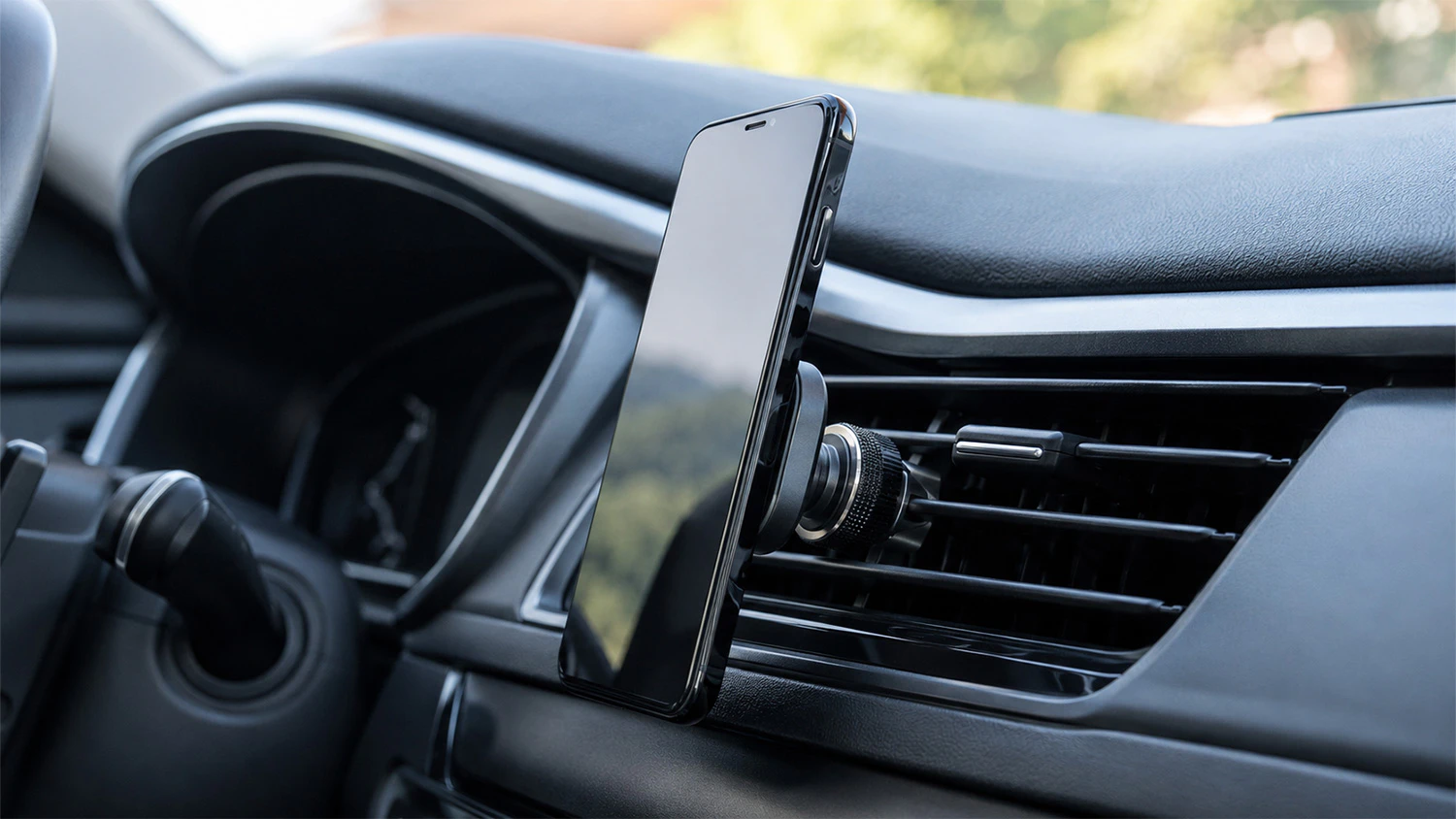 Drž&aacute;k na mobil na ventilaci Yenkee YSM 501MG připevněn&yacute; k ventilačn&iacute; mř&iacute;žce automobilu s uk&aacute;zkou stabiln&iacute;ho uchycen&iacute;