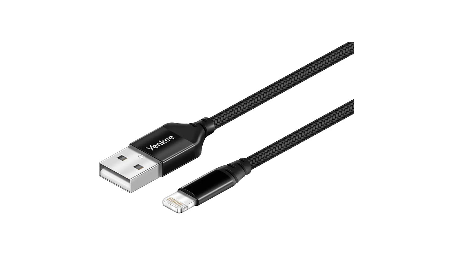 Lightning k&aacute;bel Yenkee YCU 612 black na bielom pozad&iacute; zachyt&aacute;vaj&uacute;ci celkov&yacute; dizajn a konektory