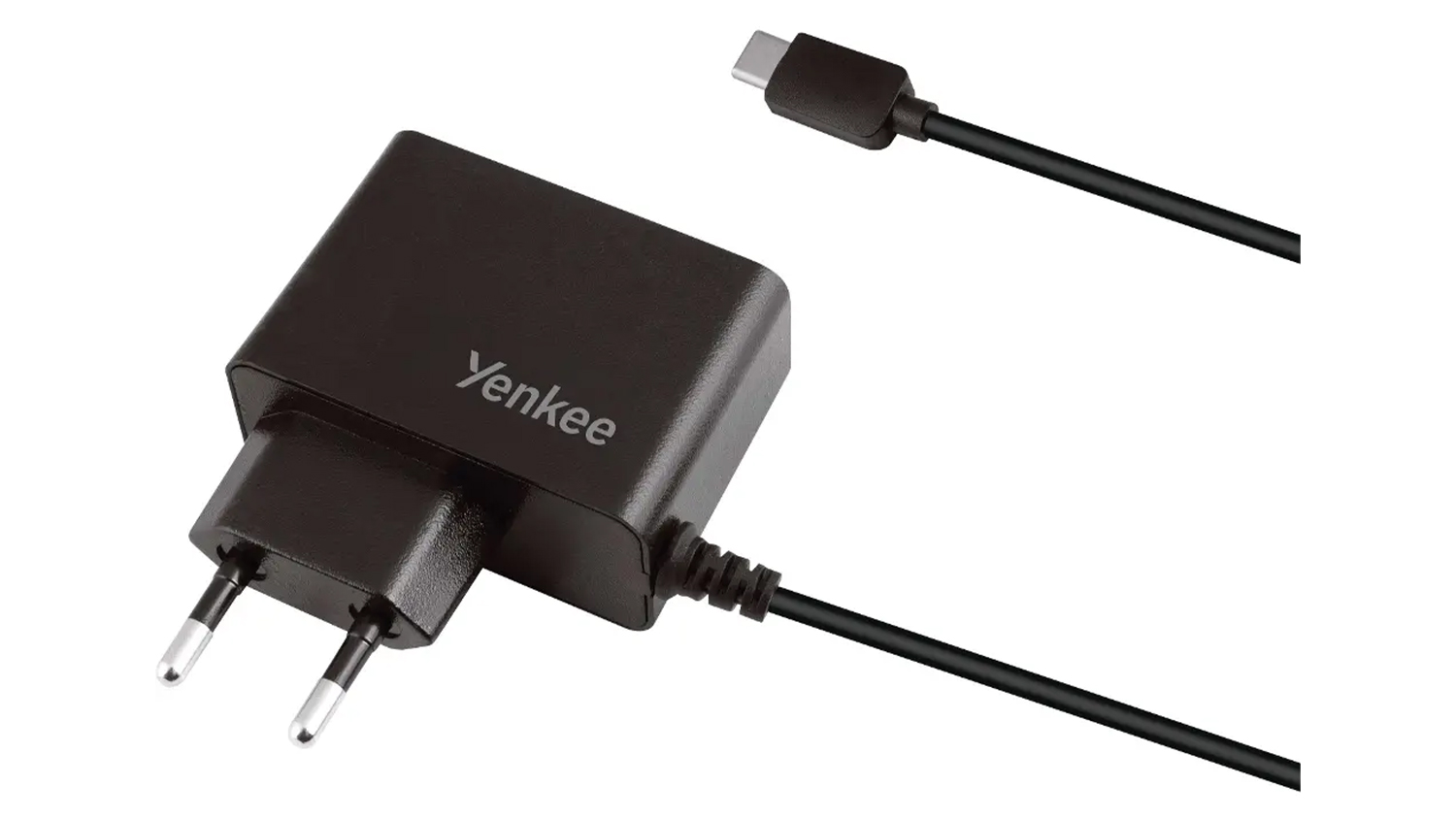 USB nab&iacute;ječka Yenkee YAC 2027BK na b&iacute;l&eacute;m pozad&iacute; zobrazuj&iacute;c&iacute; kompaktn&iacute; design s integrovan&yacute;m USB-C kabelem