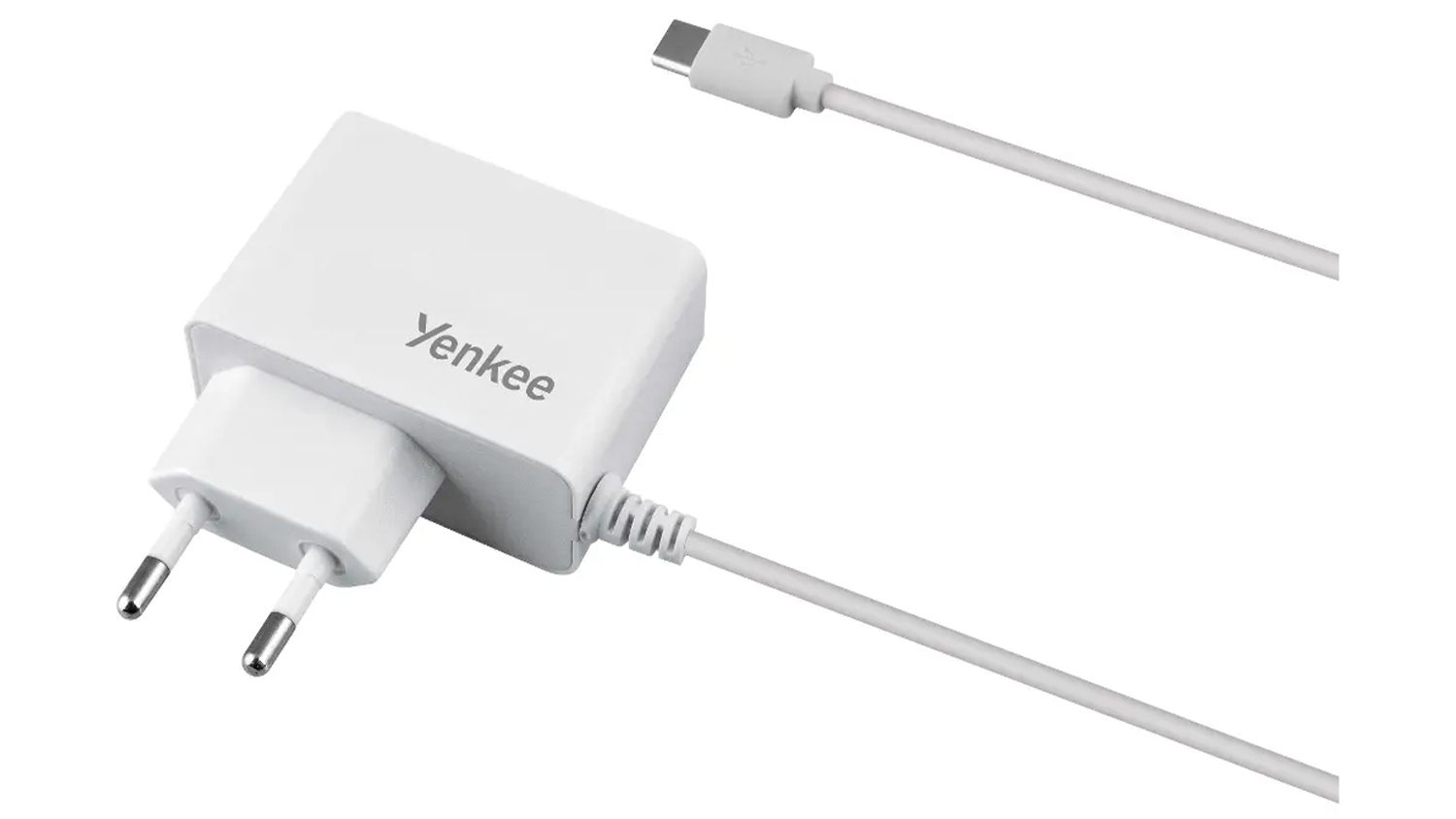 USB-C nab&iacute;jačka do z&aacute;suvky Yenkee YAC 2027 WH na bielom pozad&iacute; zobrazuj&uacute;ca kompaktn&yacute; dizajn a k&aacute;bel