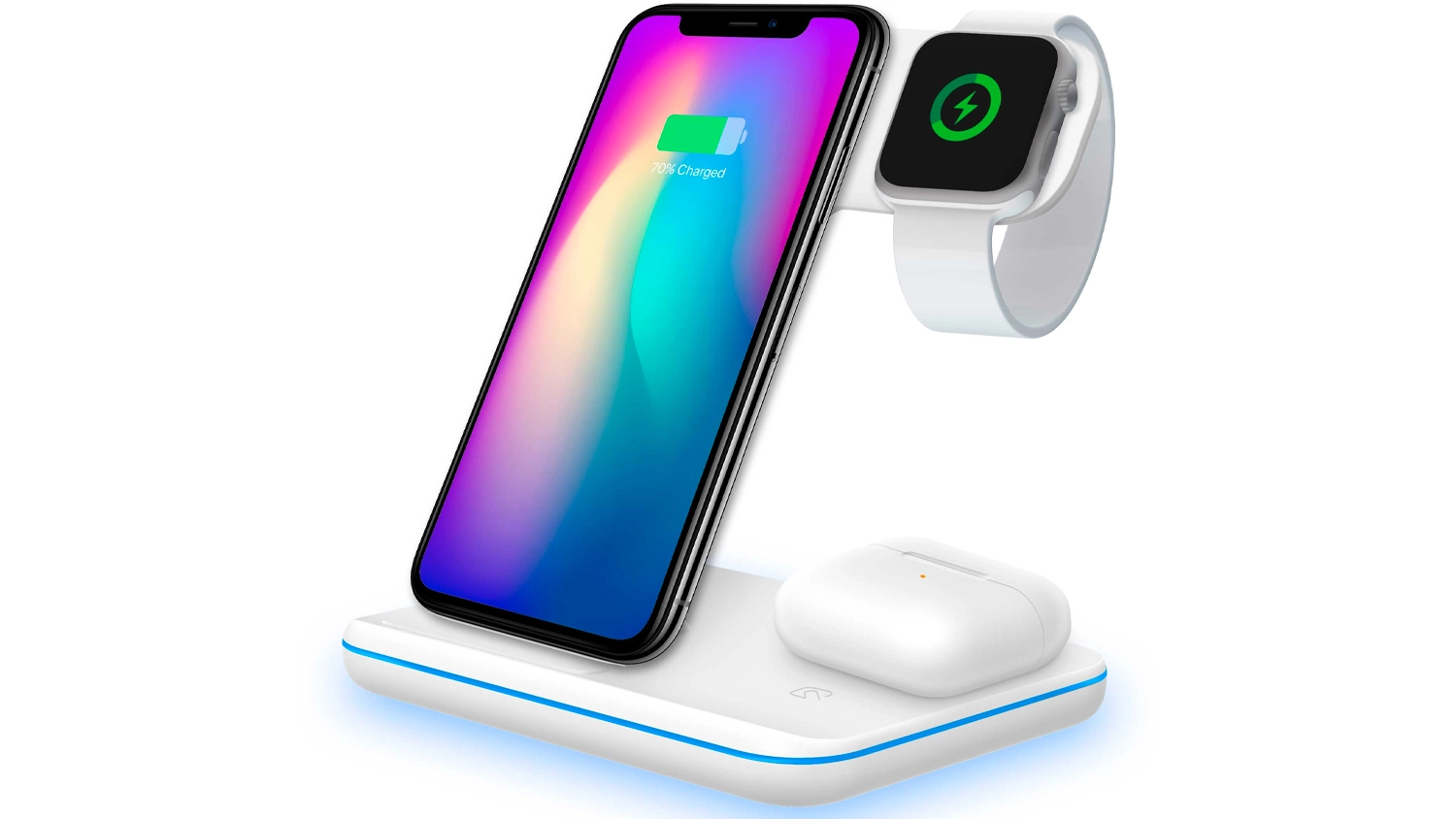 Bezdrátová nabíječka Yenkee YAC 5301 bílá se současně nabíjenými zařízeními Apple – iPhone, Apple Watch a AirPods