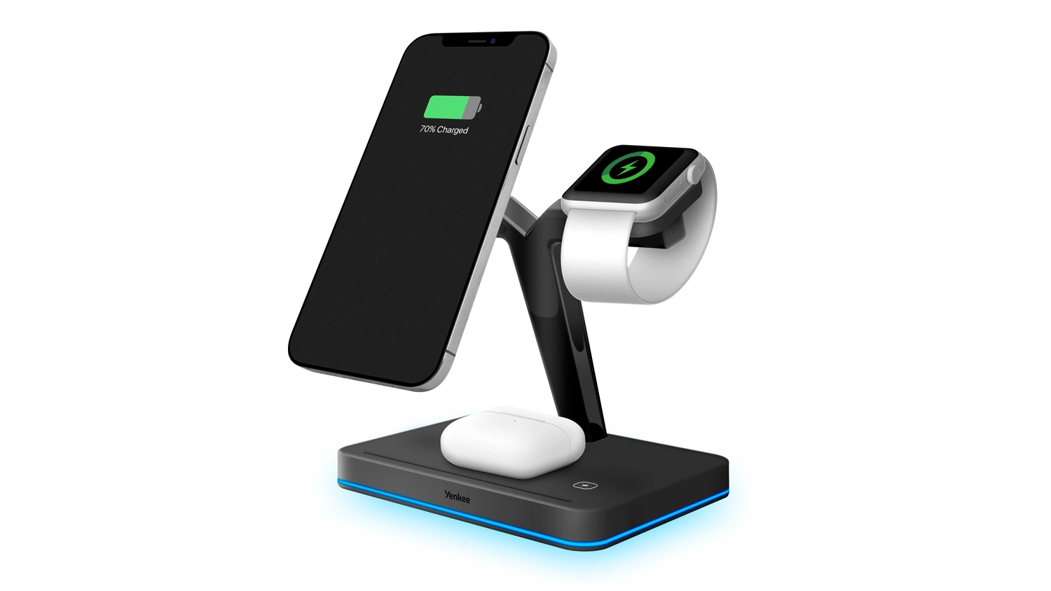 Magnetick&aacute; nab&iacute;jacia stanica Yenkee YAC 5320 so s&uacute;časne nab&iacute;jaj&uacute;cim iPhonom, Apple Watch a AirPods