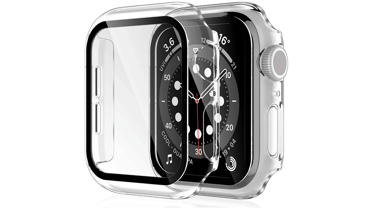 Kryt pro Apple Watch 44mm YENKEE YCC AW70 TP průhledný připravený k nasazení na hodinky.