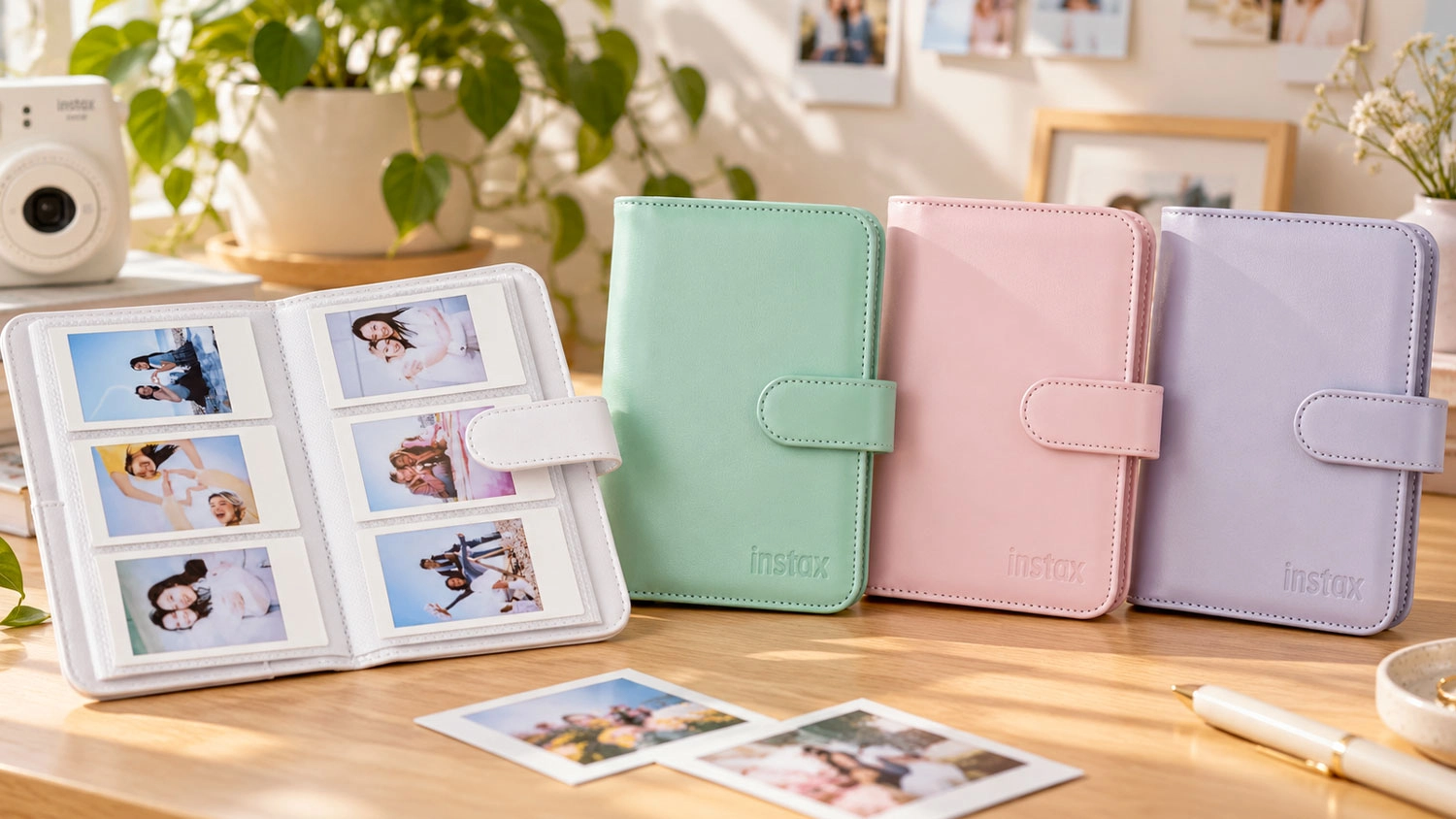 Otevřen&eacute; fotoalbum Fujifilm instax mini se sn&iacute;mky vedle tř&iacute; zavřen&yacute;ch pastelov&yacute;ch alb na stole.