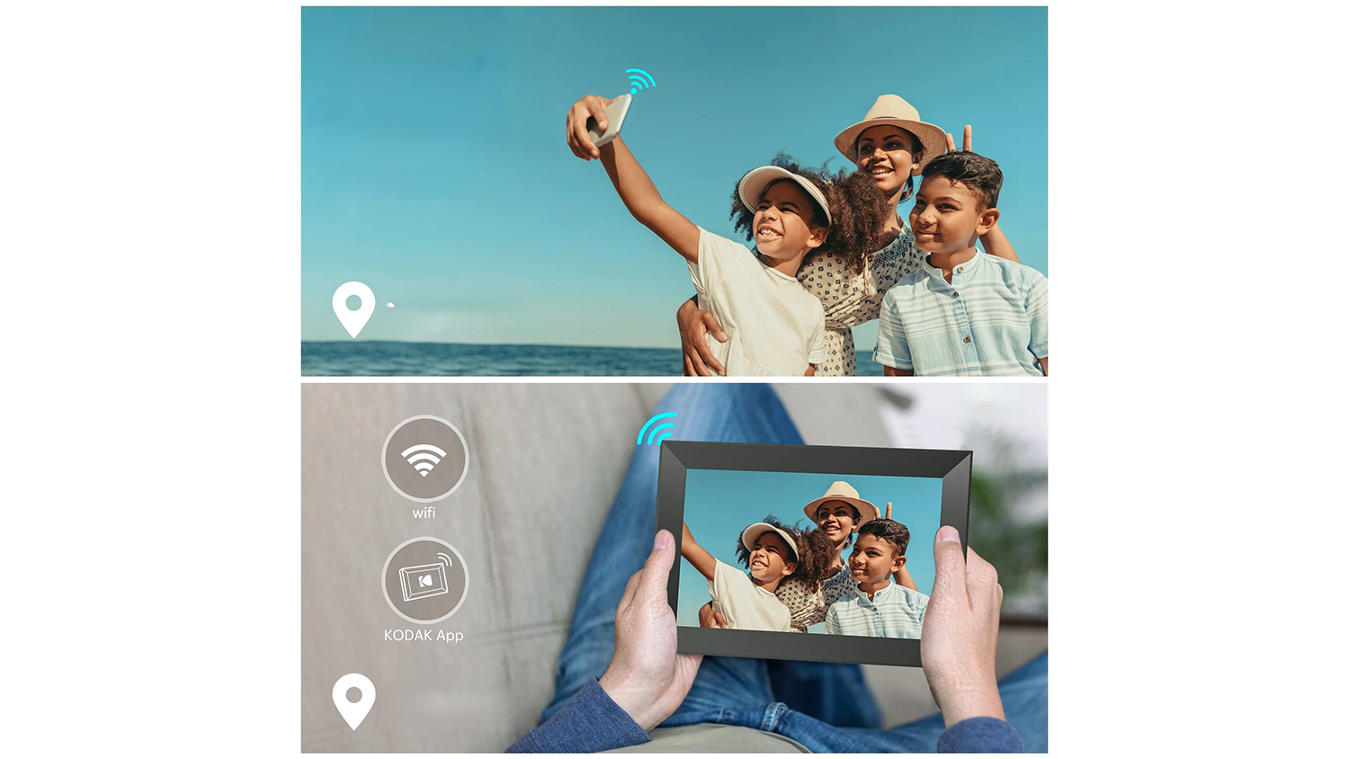 Sd&iacute;len&iacute; fotografi&iacute; do digit&aacute;ln&iacute;ho fotor&aacute;mečku Kodak CF102P pomoc&iacute; Wi-Fi