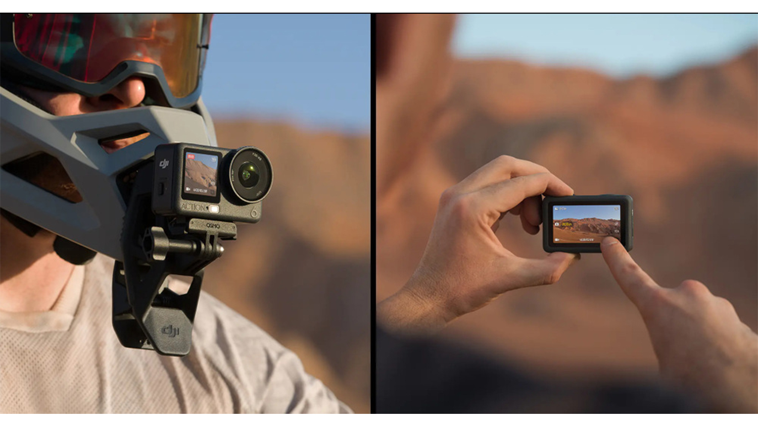 Outdoorová kamera DJI Osmo na přilbě a při natáčení v poušti