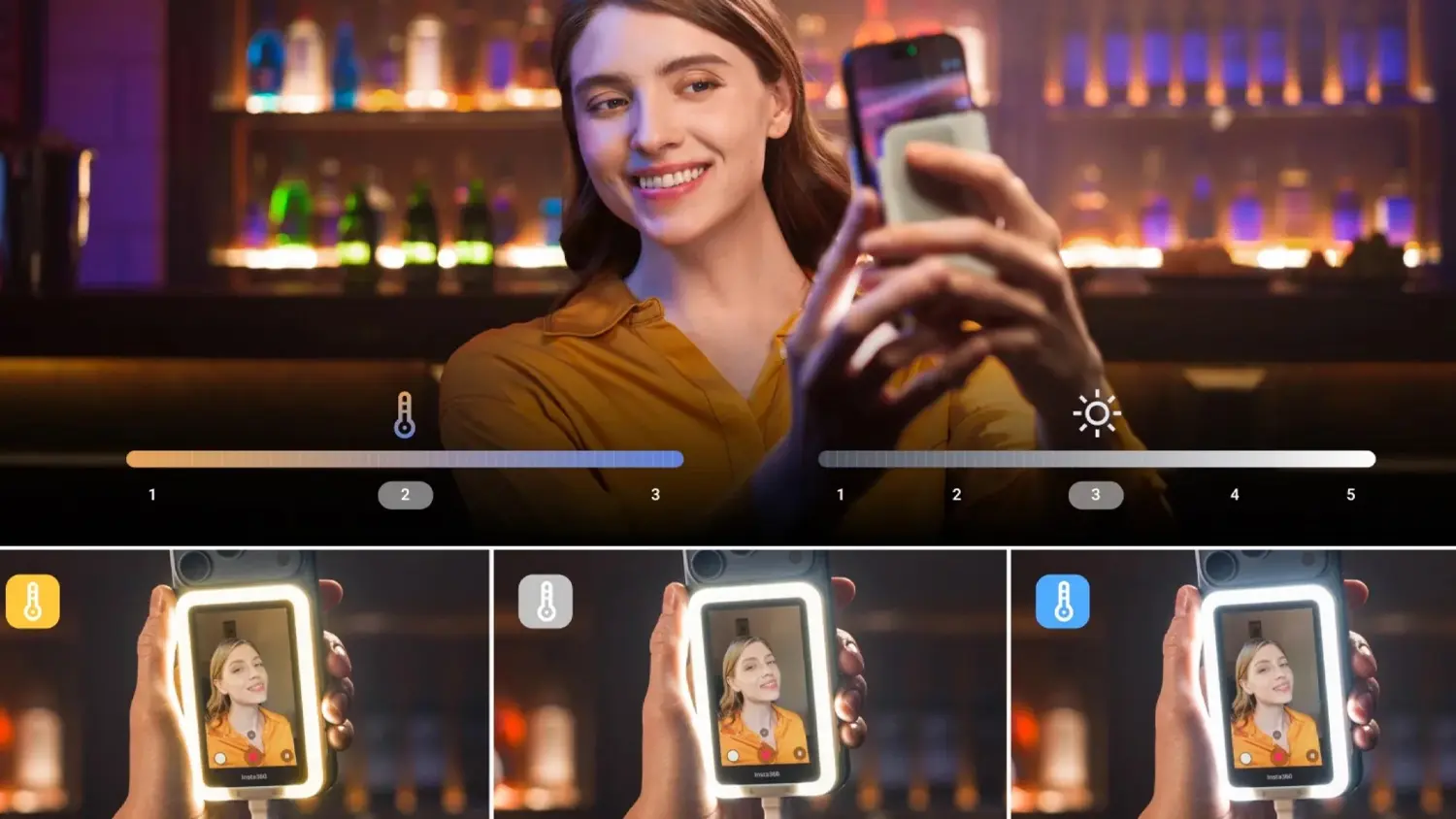 Žena fotografuj&uacute;ca sa s pomocou displeja Insta360 X5 Selfie Snap Screen s r&ocirc;znymi typmi osvetlenia