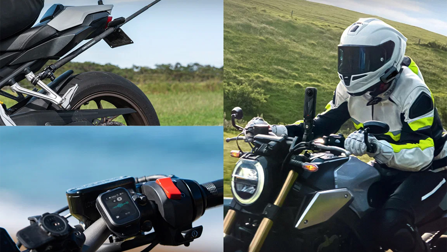 Tri fotografie použitia kamery na motocykli