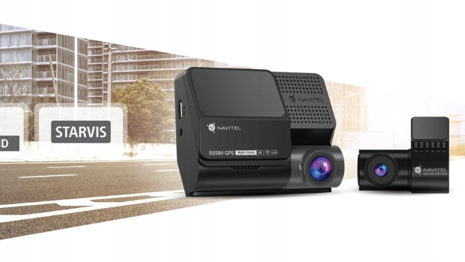 Kamera NAVITEL a pozadí ulice s ikonou rozlišení