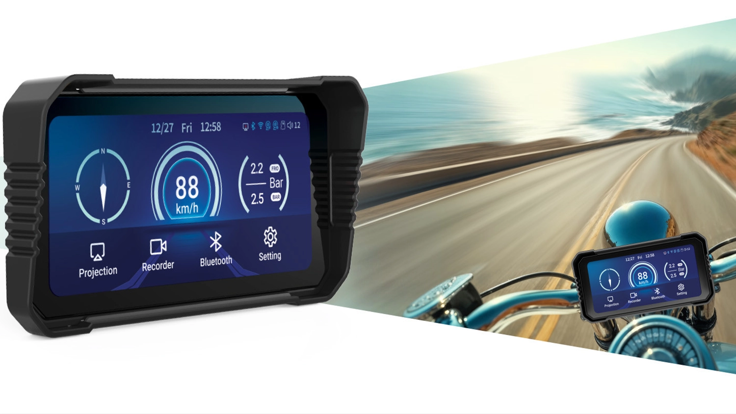 Displej NAVITEL MS850 s motorkou na cestě s upevněn&yacute;m displejem