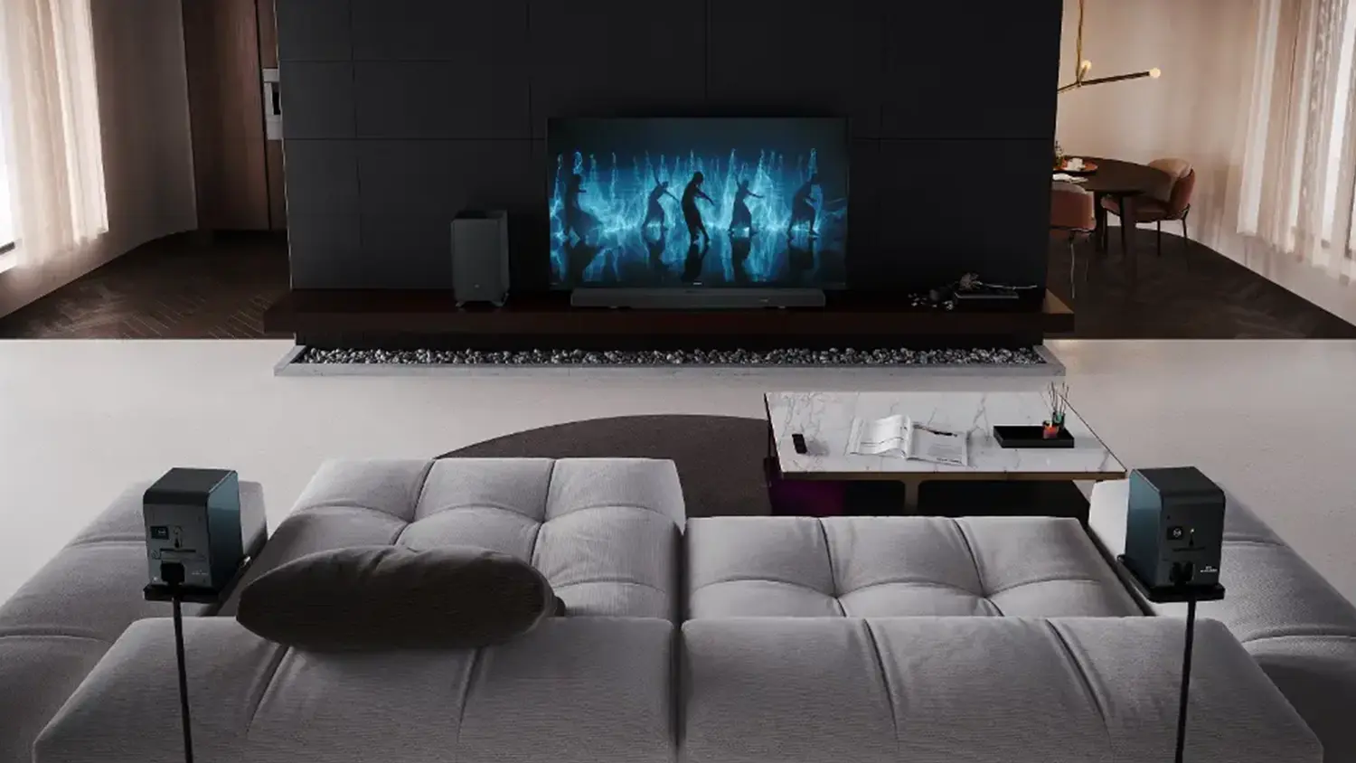 Soundbar Sharp HT-SPR52021BK v obývacím pokoji