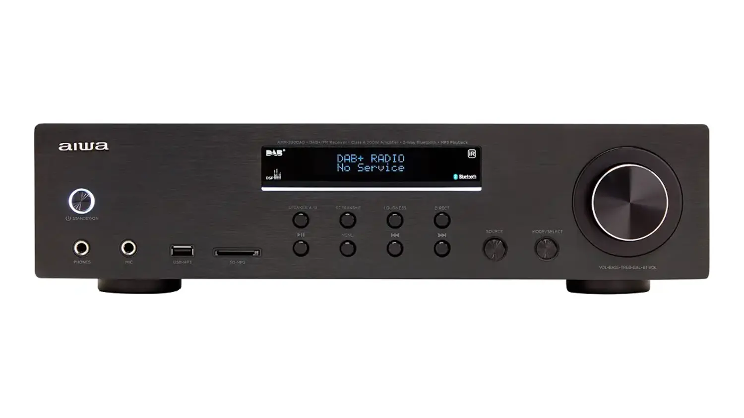 AV receiver Aiwa AMR-200DAB na b&iacute;l&eacute;m pozad&iacute; zobrazuj&iacute;c&iacute; celkov&yacute; design_01