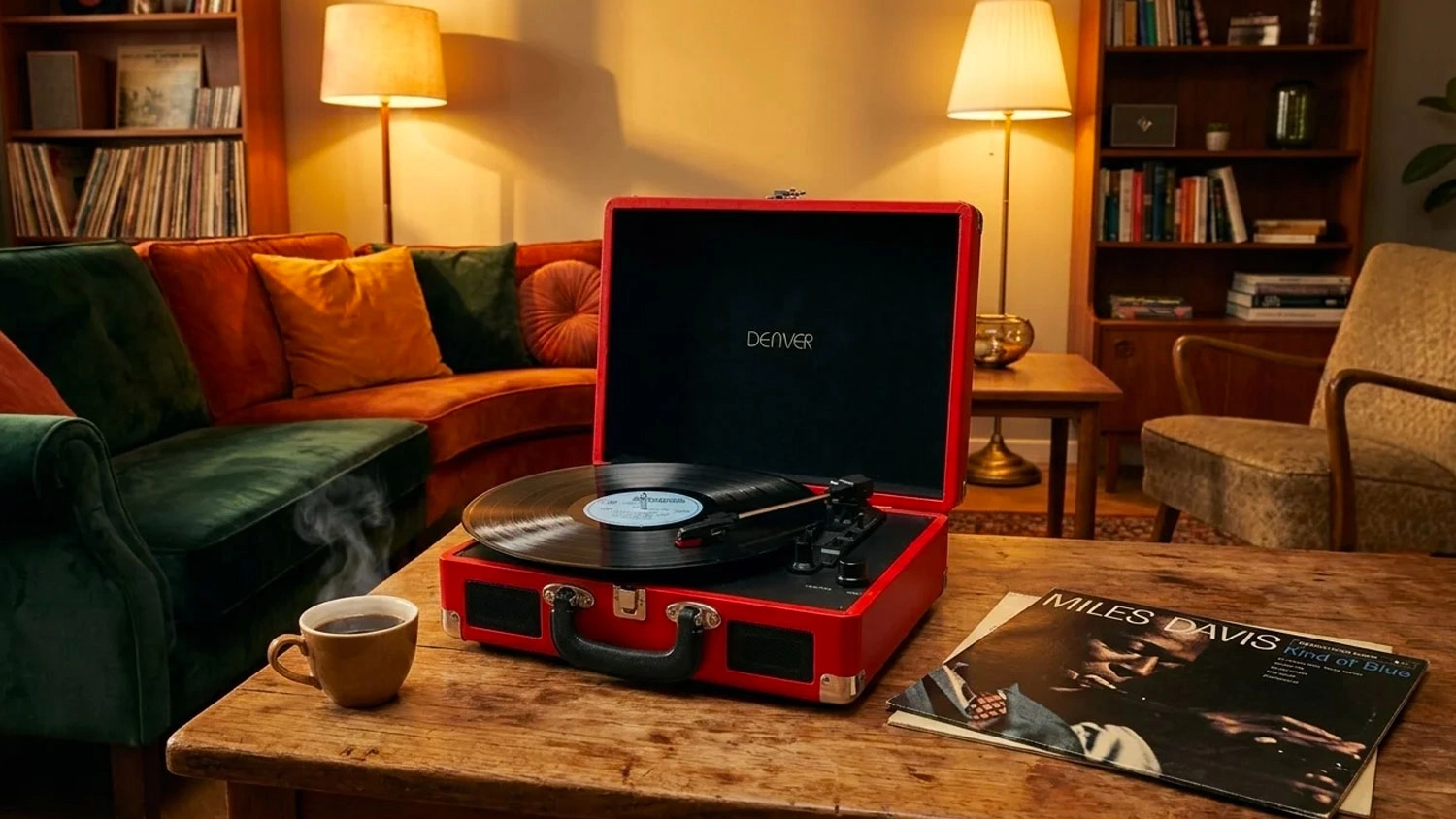 Červený kufříkový gramofon Denver s vinylovou deskou na dřevěném stole vedle kouřícího šálku kávy.