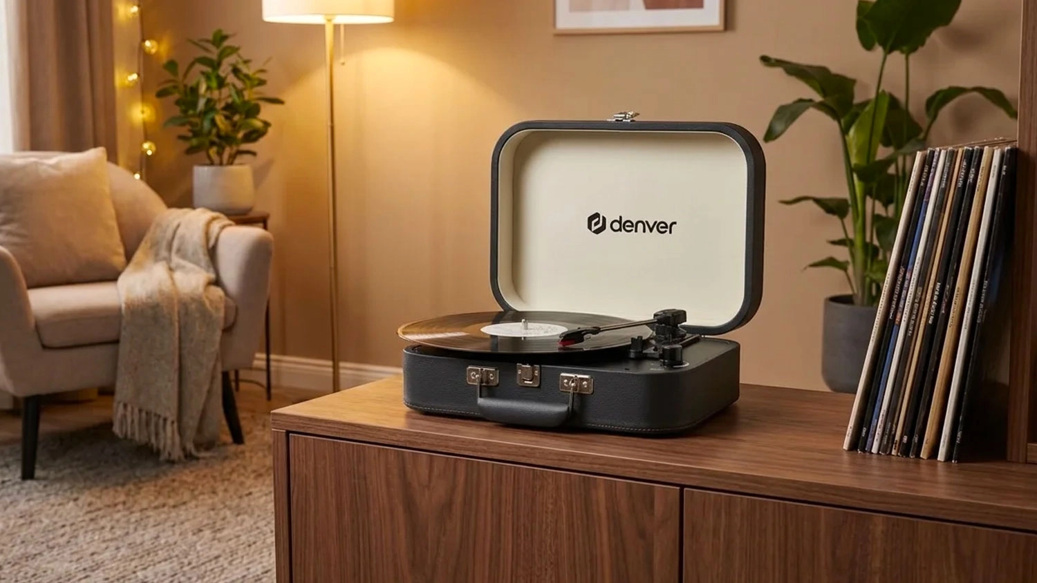 Kufř&iacute;kov&yacute; gramofon Denver VPL-130DGR s vinylovou deskou na dřevěn&eacute; komodě v ob&yacute;vac&iacute;m pokoji.