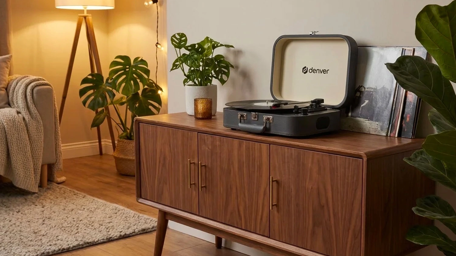 Kufř&iacute;kov&yacute; gramofon Denver s položenou vinylovou deskou na dřevěn&eacute;m stolku v ob&yacute;vac&iacute;m pokoji.