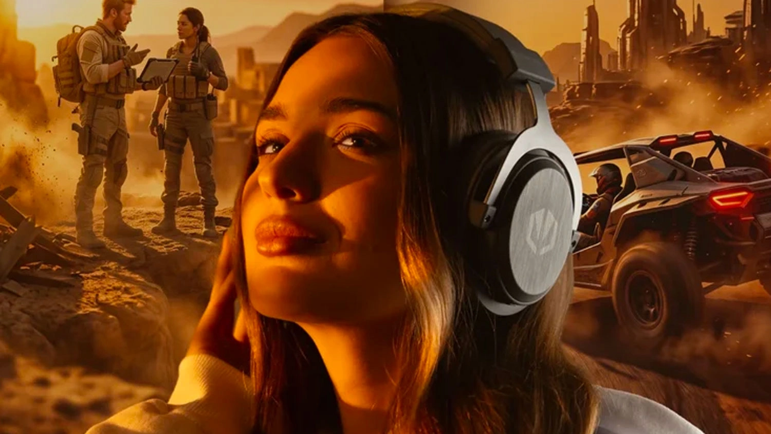 Žena s nasazenými sluchátky ENDORFY VIRO Infra Wireless na pozadí akční videoherní scenérie.