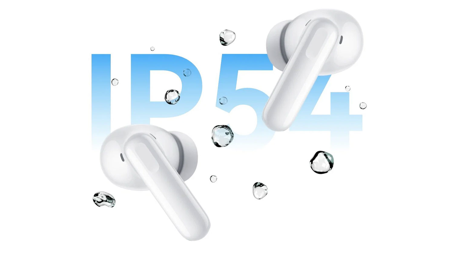 Bílá bezdrátová sluchátka HUAWEI FreeBuds SE 4 obklopená kapkami vody s nápisem IP54 v pozadí.