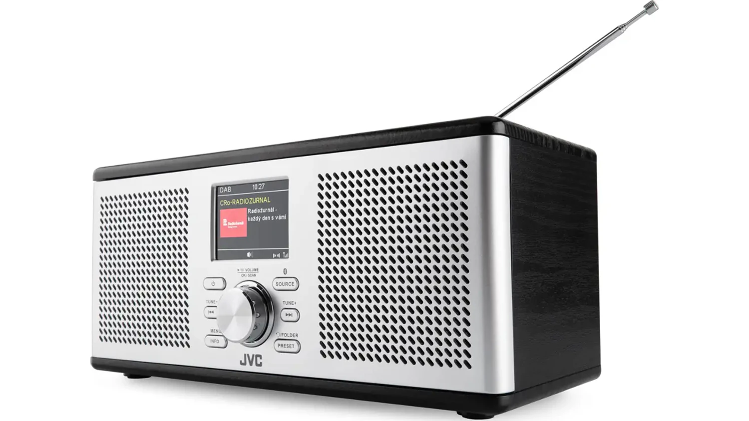 Radiopřijímač JVC RA-E775B-DAB pohled šikmo zepředu