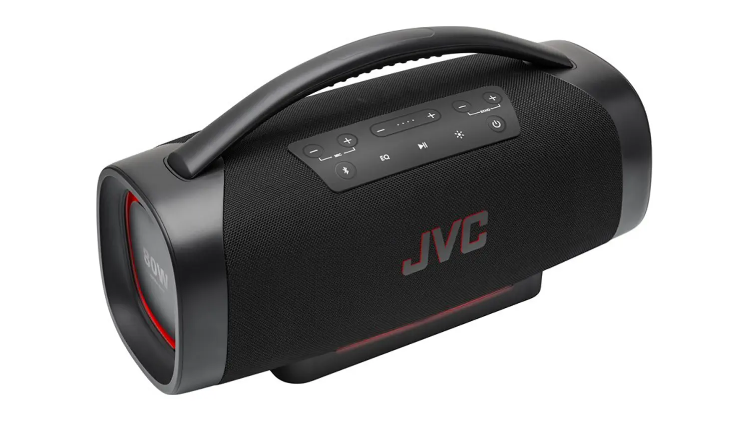 Červen&eacute; pozad&iacute; s reproduktorem JVC a popisem v&yacute;konu