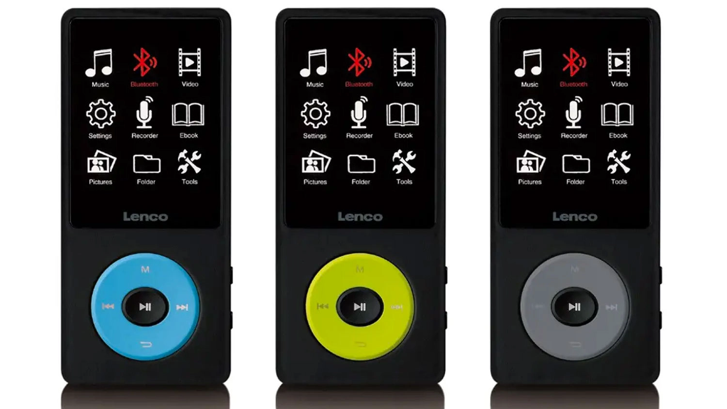 MP3/MP4 přehrávače Lenco Xemio-860 s rozsvíceným displejem a ovládacím tlačítkem v modré, zelené a šedé barvě.