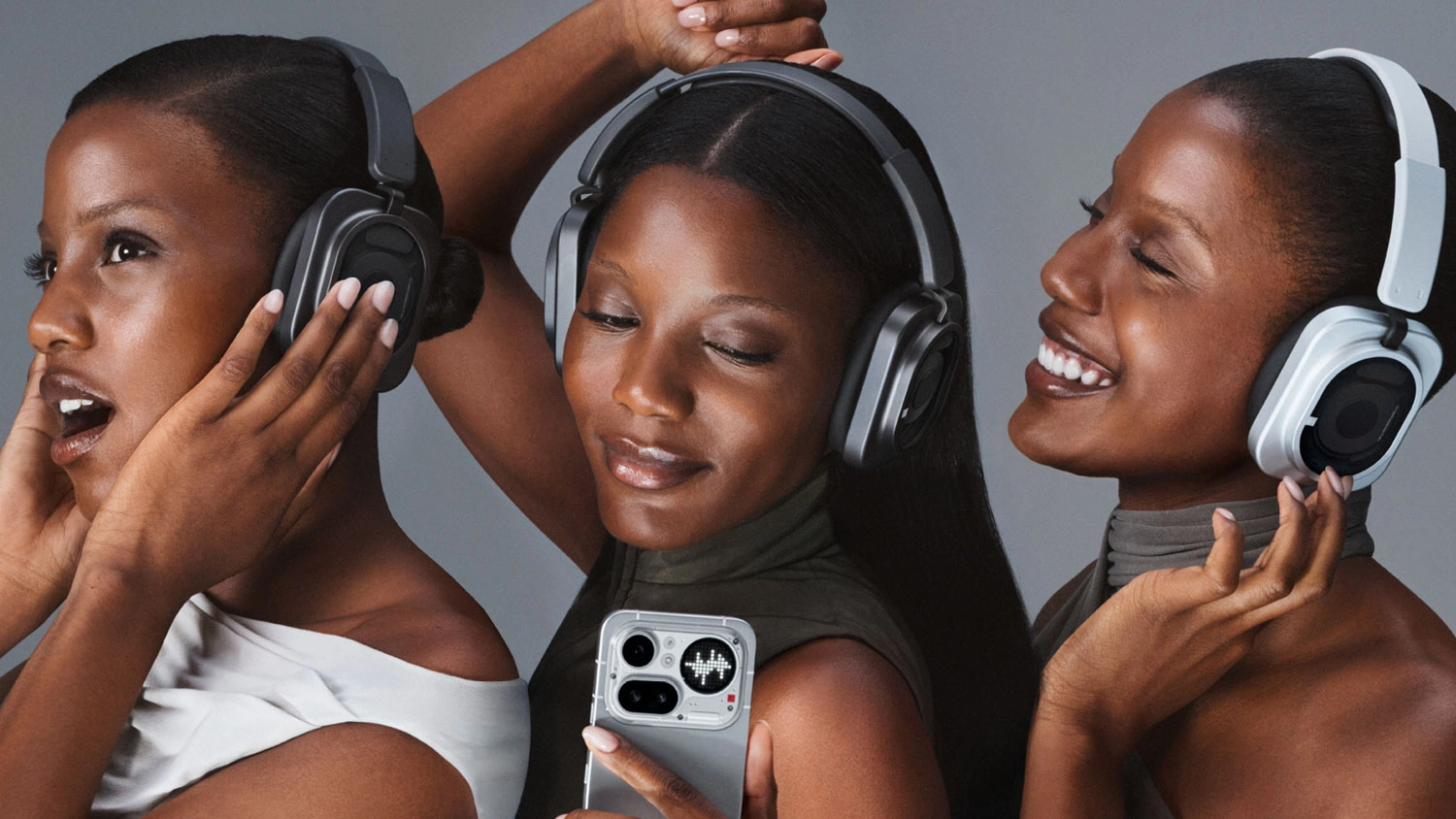 Tři ženy se sluchátky Nothing Headphone (1) Pro