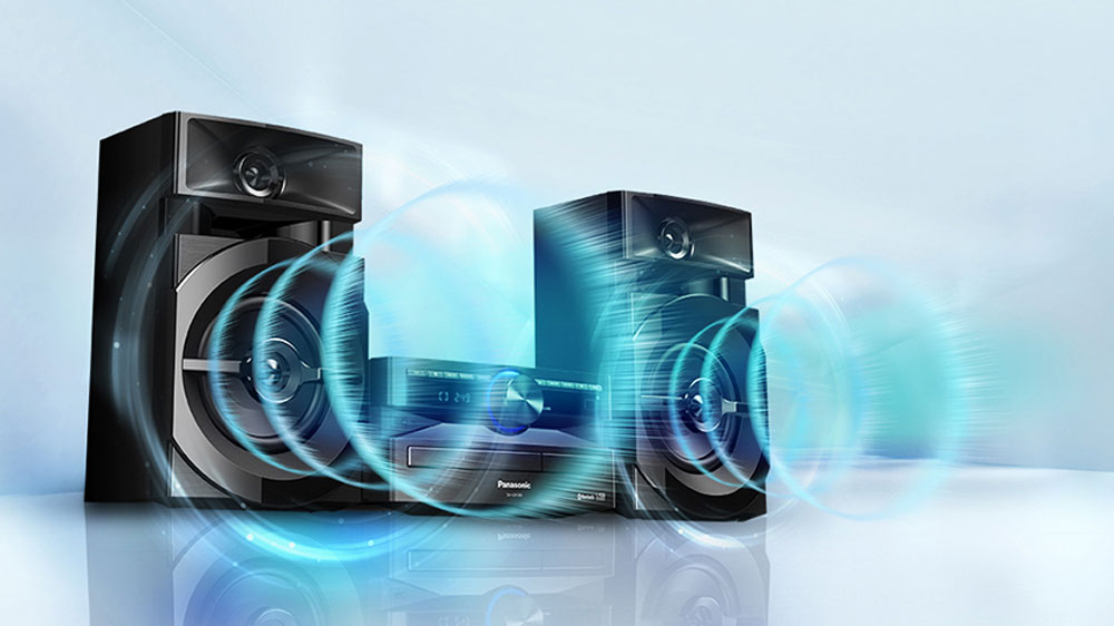 Mini Hi-Fi systém Panasonic SC-UX100E-K při přehrávání hudby s výrazným zvukovým projevem_02