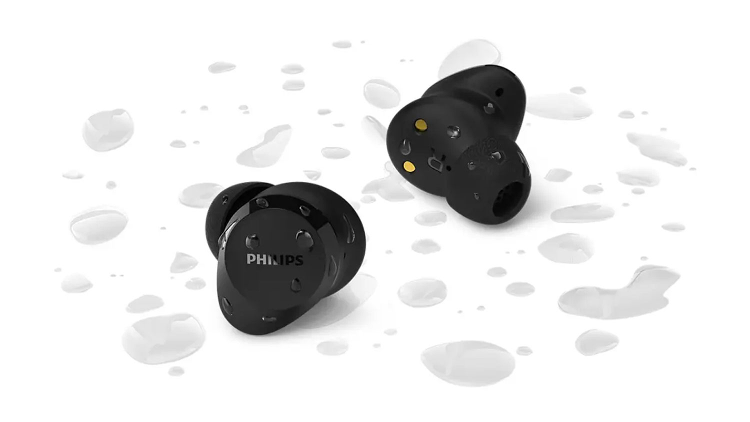 Bezdr&aacute;tov&aacute; sluch&aacute;tka Philips TAT1300BK/00 a kolem kapky vody