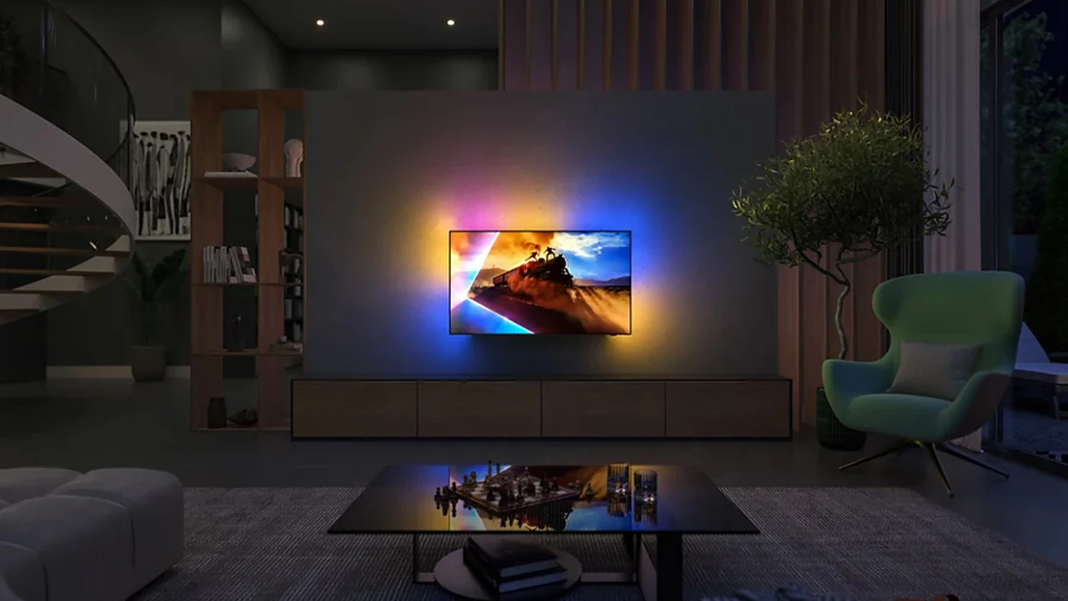 OLED televize Philips 65OLED761/12 Ambilight na stěně v ob&yacute;v&aacute;ku
