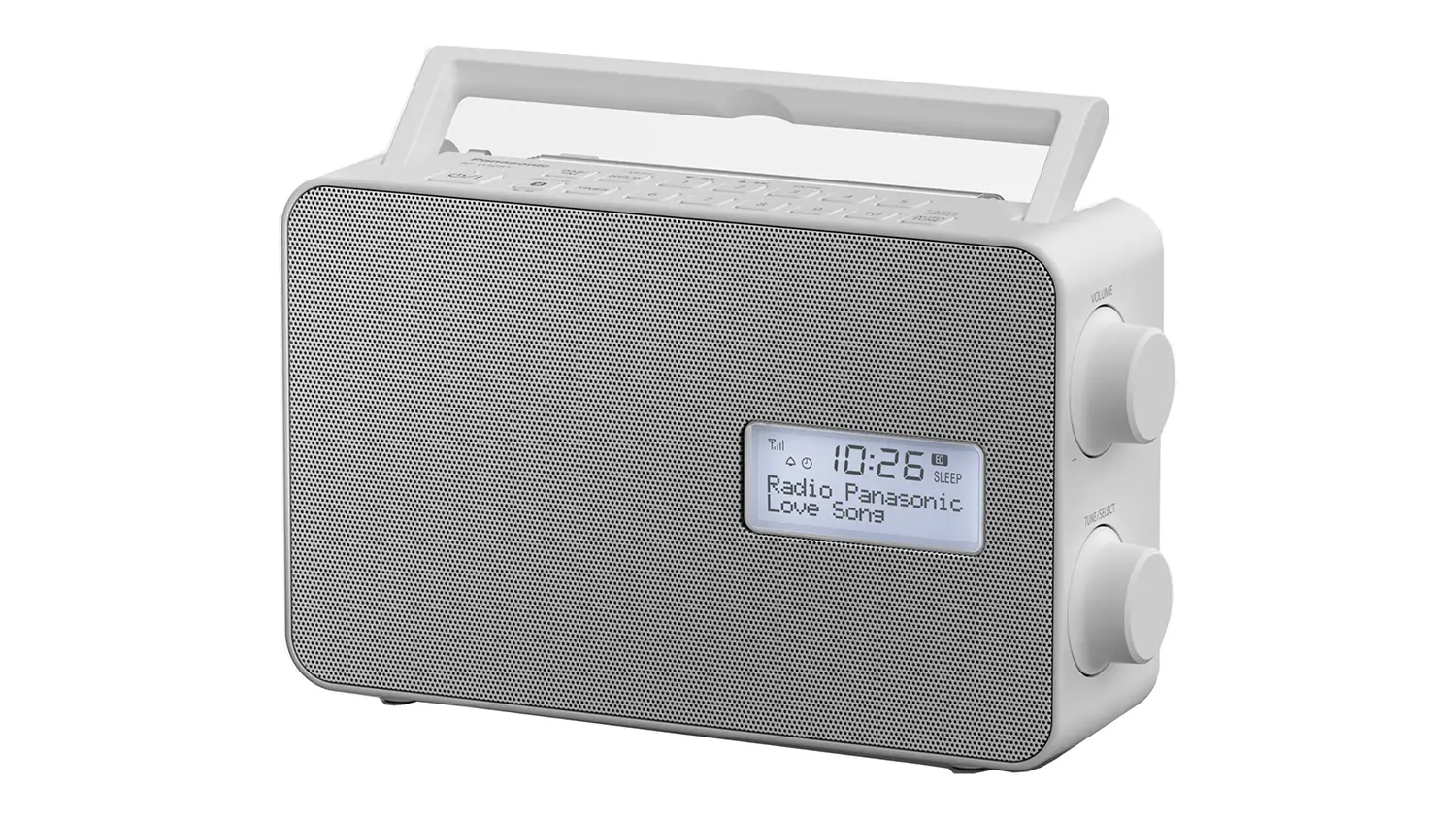 Bočn&yacute; pohľad na r&aacute;dio Panasonic RF-D30BTEG-W s robustn&yacute;m kovov&yacute;m uchom.