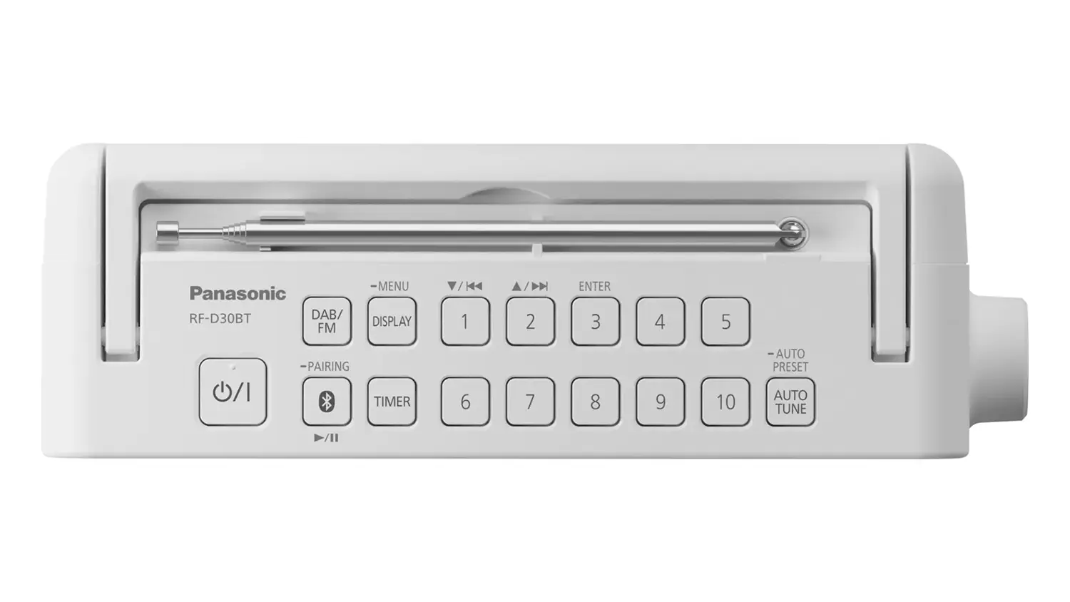 Pohľad na ovl&aacute;dacie tlačidl&aacute; na r&aacute;diu Panasonic RF-D30BTEG-W.