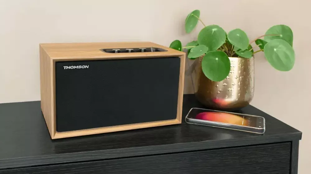 Bezdrôtový reproduktor Thomson WS302 na skrinke s telefónom a kvetináčom_02