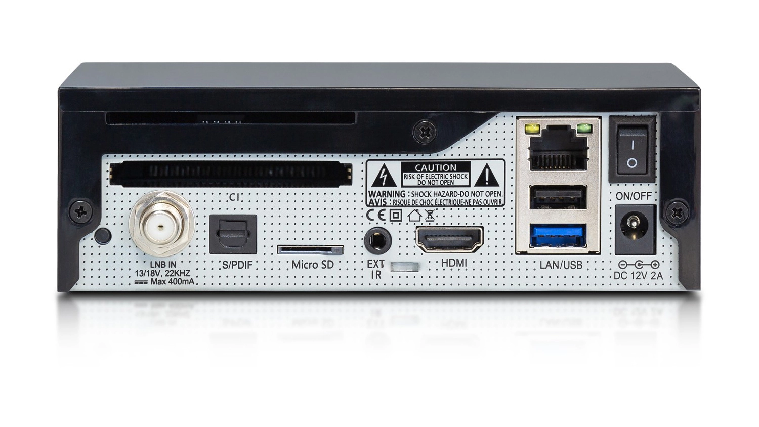 Satelitn&iacute; přij&iacute;mač AB PULSe 4K MINI SE zobrazuj&iacute;c&iacute; dostupn&eacute; připojen&iacute; na zadn&iacute; straně přij&iacute;mače