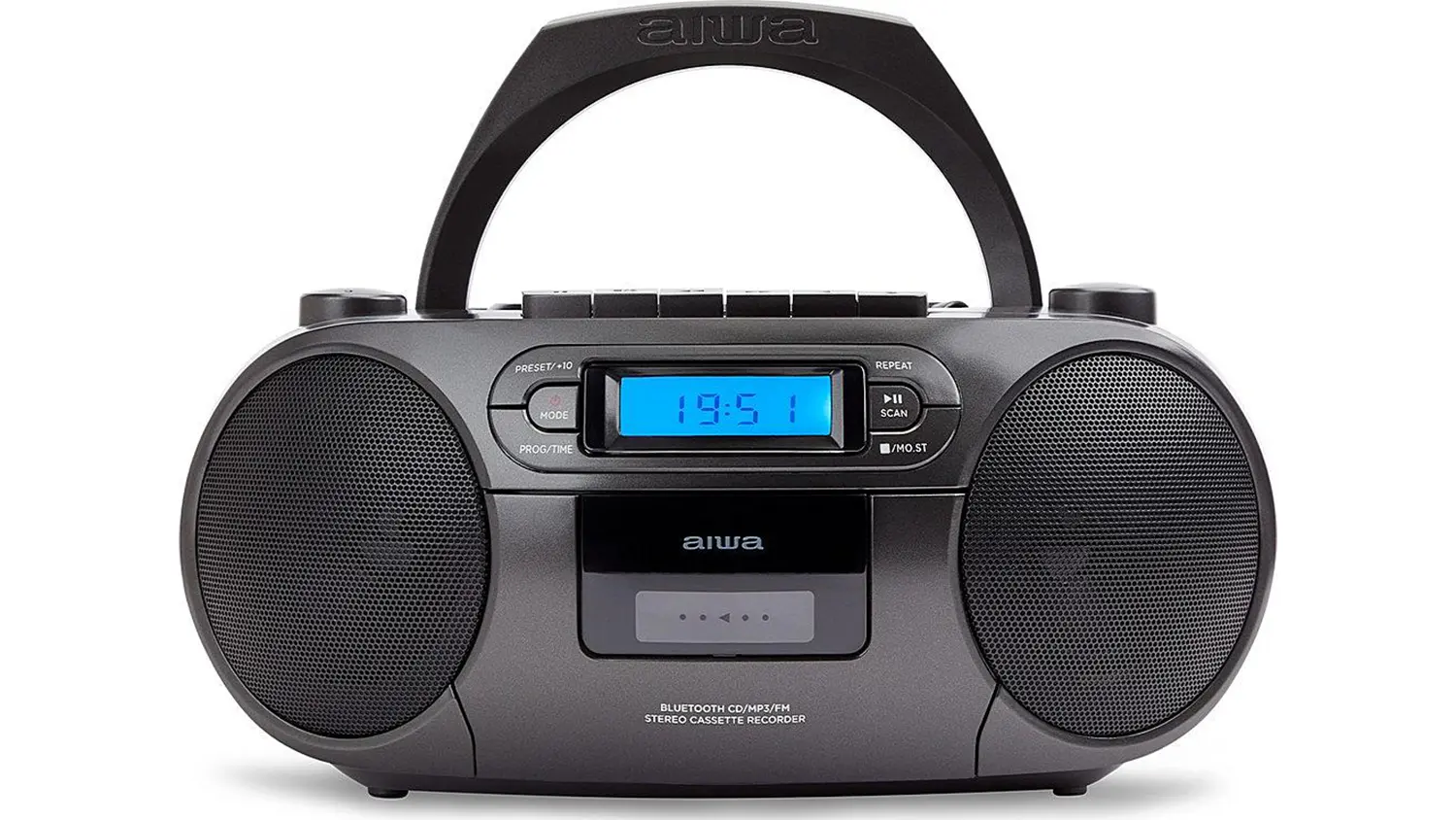 Predný pohľad na rádiový magnetofón Aiwa BBTC-550BK s CD prehrávačom.