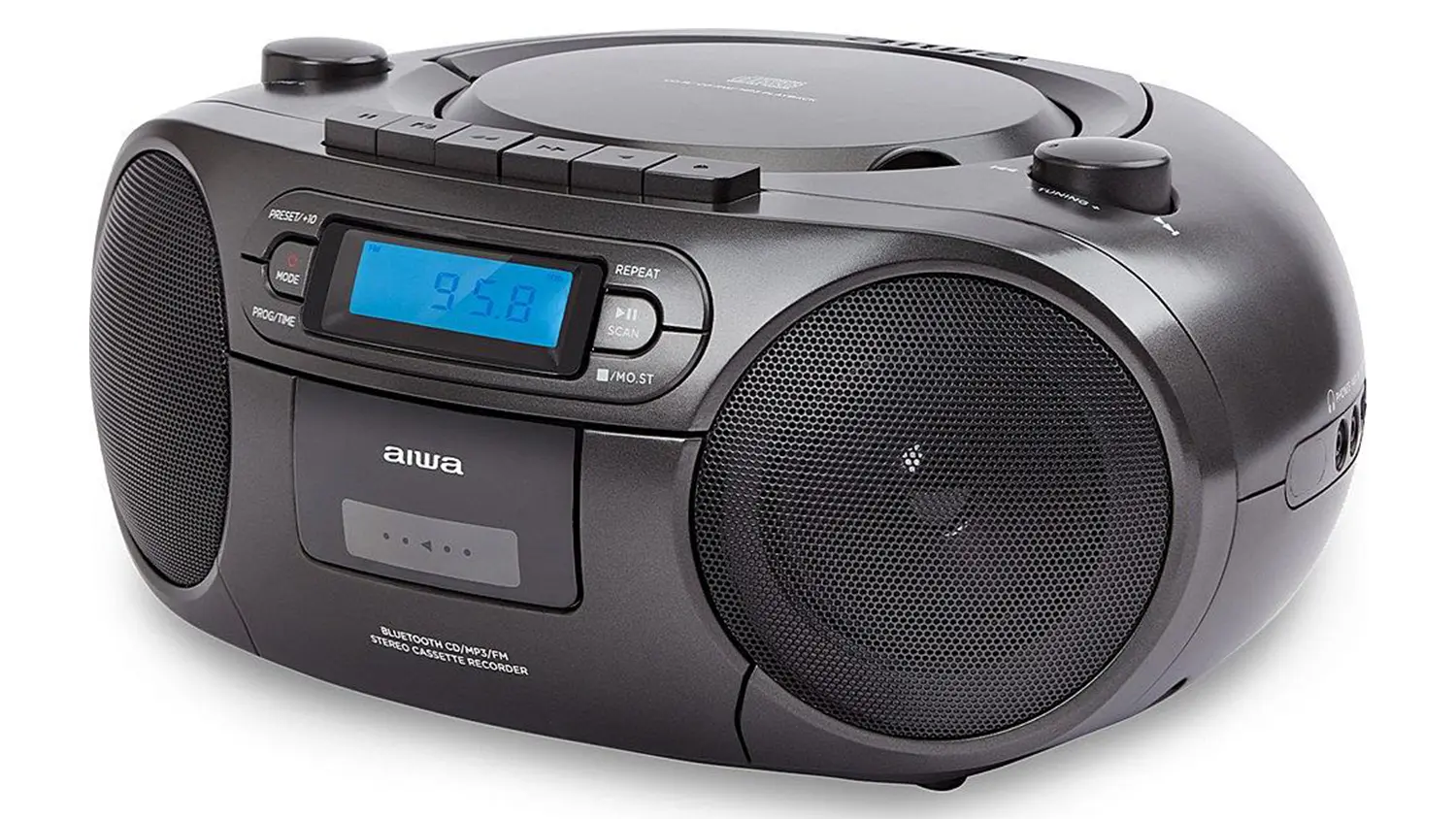 Bočný pohľad na rádiový magnetofón Aiwa BBTC-550BK s CD prehrávačom.